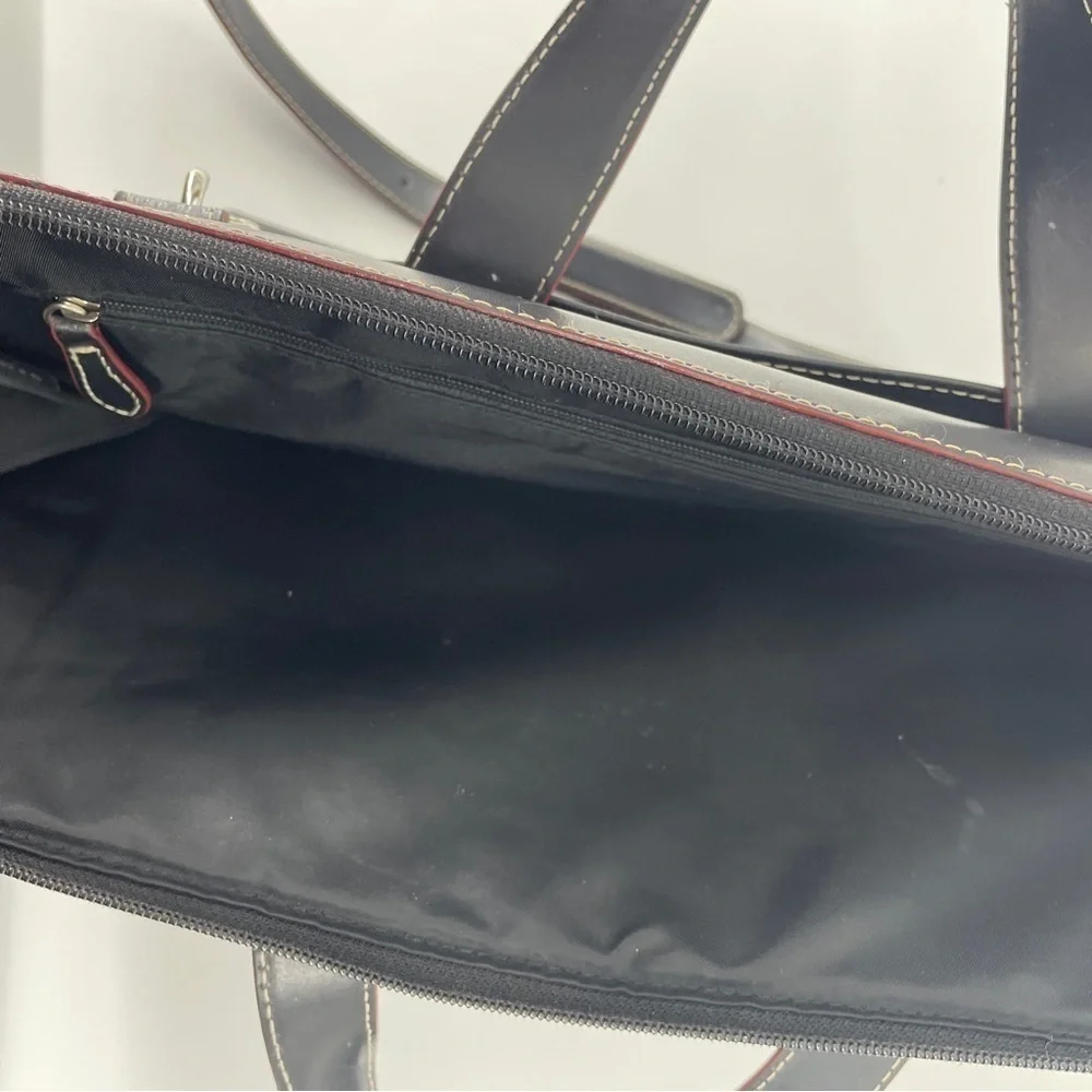 Lodis Laptop Bag Black Leather Red Trim Shoulder Strap Briefcase Career Pockets